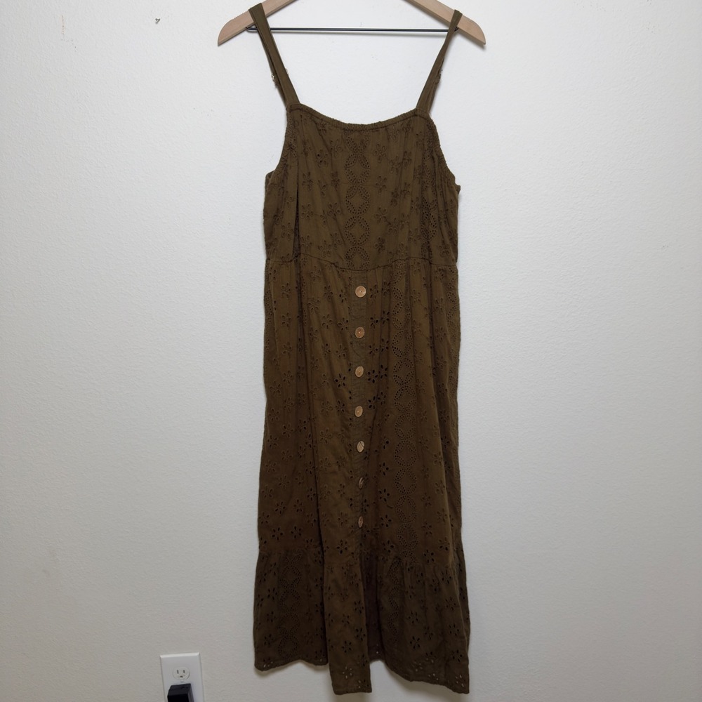 VTG Women Eyelet Maxi Dress XL Green Cotton Button Front Goblin Cottagecore Boho